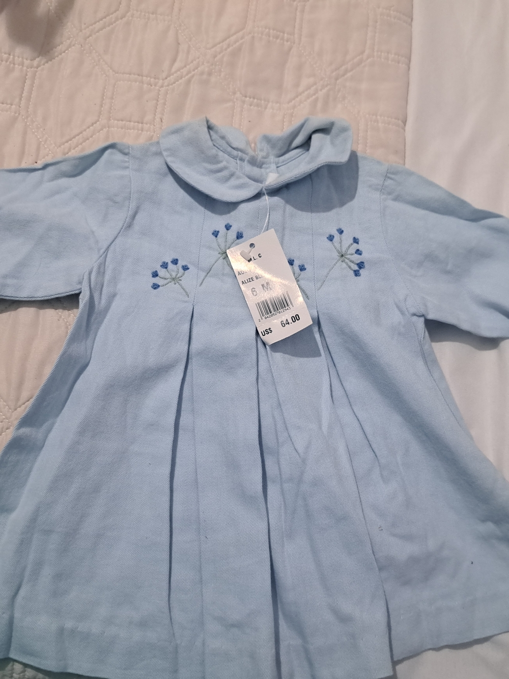 Jacadi Light Blue Embroidered Pleated Baby Dress